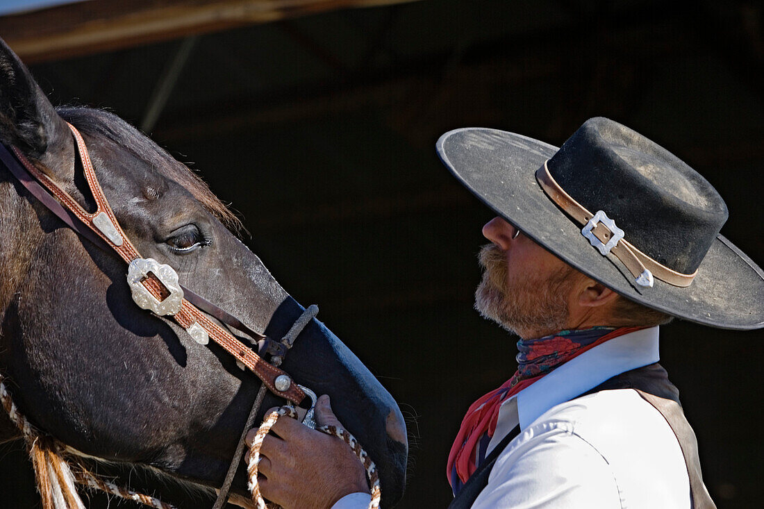 cowboy with horse at stable, wildwest, Oregon, USA