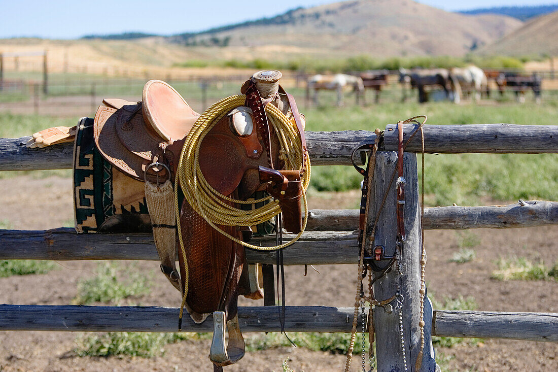saddle on paddock fence, wildwest, Oregon, USA