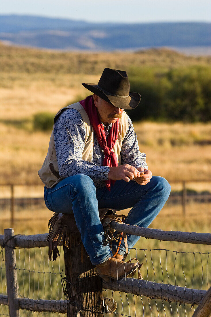 Cowboy auf Zaun, Wilder Westen, Oregon, USA