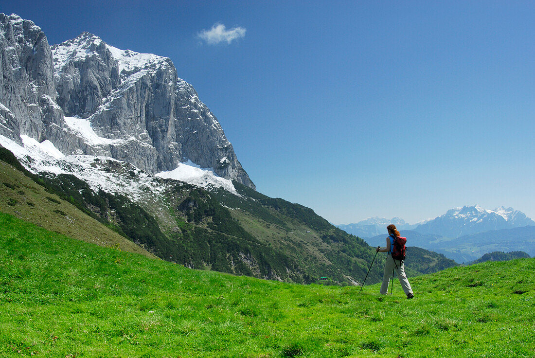 young lady hiking across green meadow in front of snow-covered Maukspitze, Wilder Kaiser, Kaiser range, Tyrol, Austria