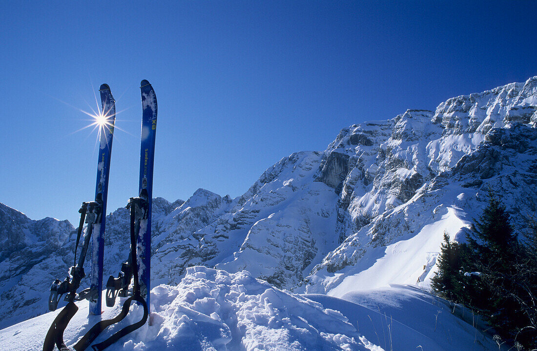 Skier im Schnee, Hoher Göll, Berchtesgadener Alpen, Oberbayern, Bayern, Deutschland