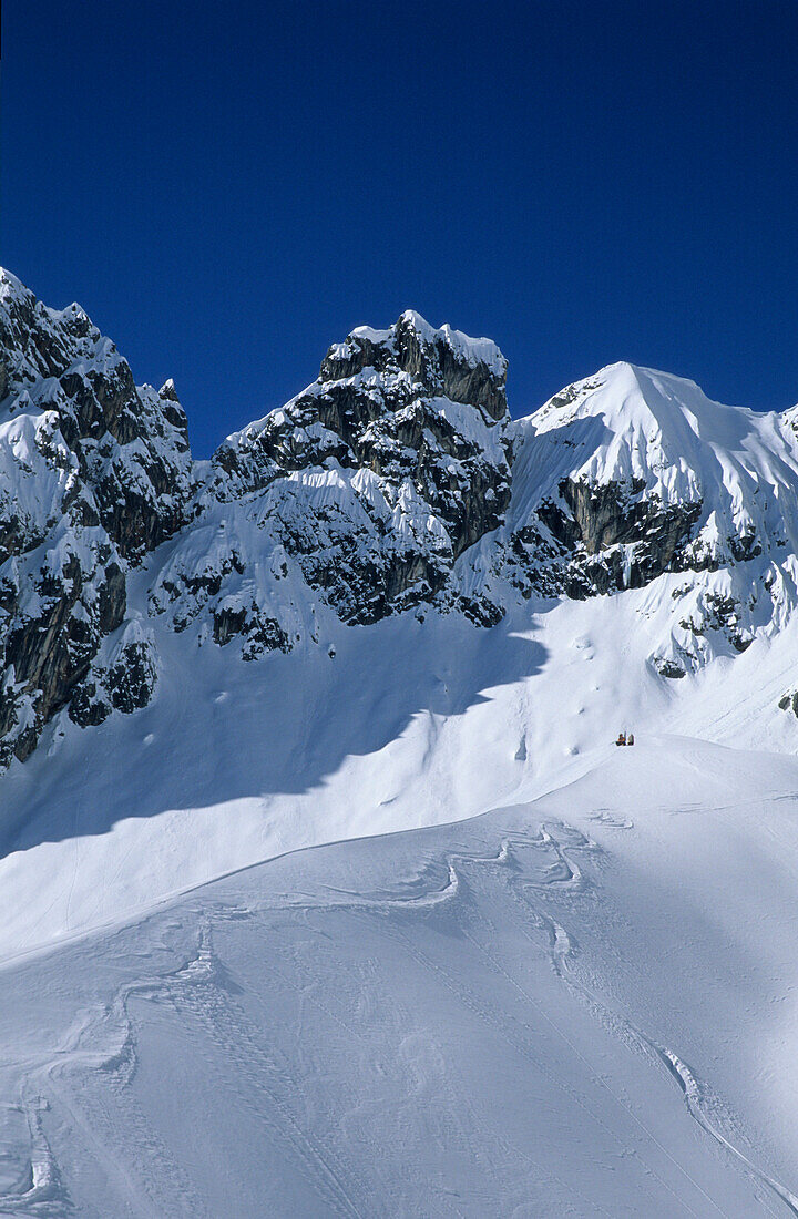 ski tracks in powder snow beneath the rock walls in Kogelgrube, Berchtesgaden range, Salzburg, Austria