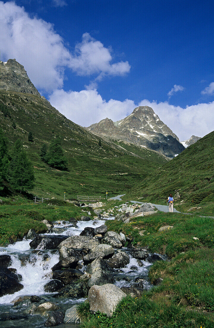 hiker at stream Suvrettabach with Piz Julier, St. Moritz, Engadin, Switzerland