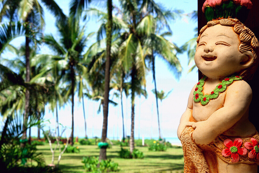 Laughing Buddha under palm trees, Hotel resort in Khao Lak, Kao Lak, Thailand, Asia
