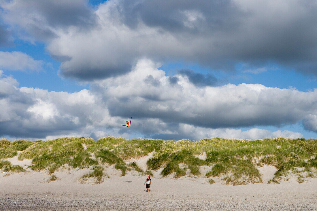 Mann mit Drachen am Strand, Henne Strand, Jütland, Dänemark, Europa
