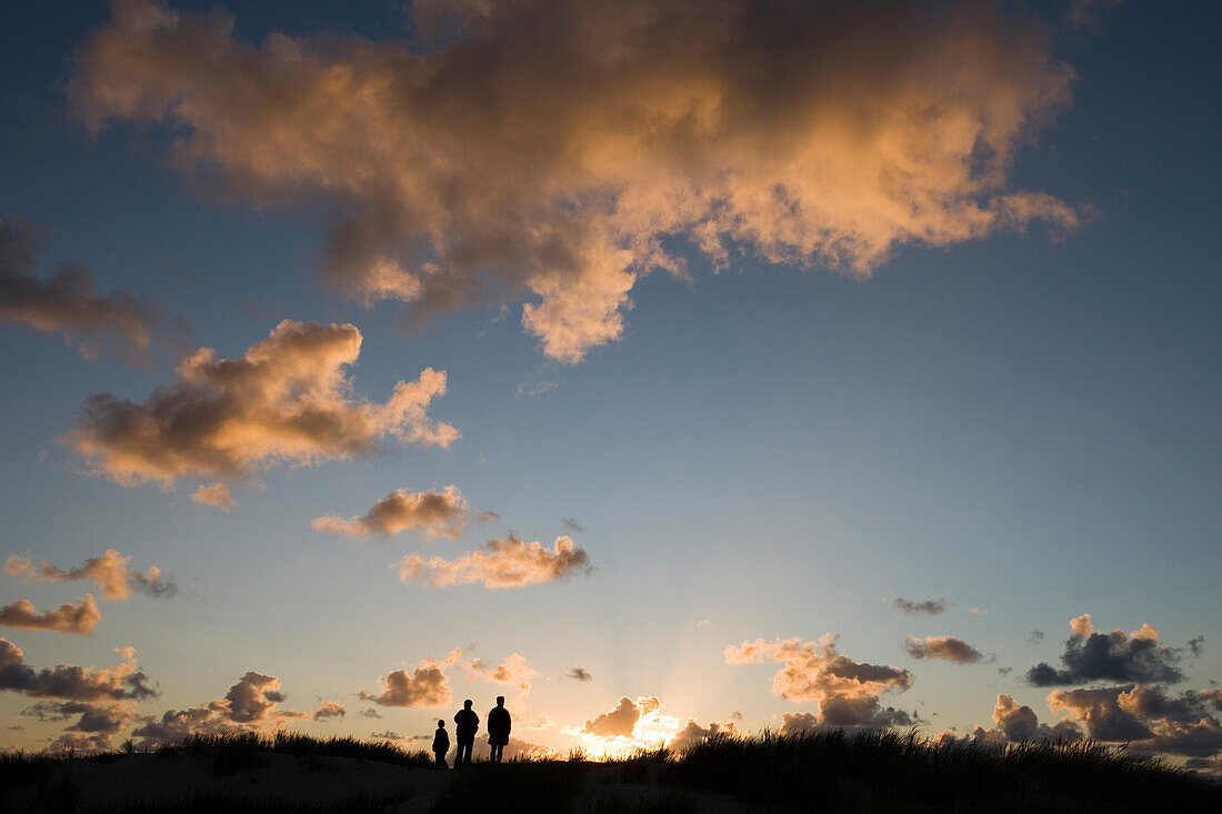 Familie im Sonnenuntergang auf Dünen, Insel Sylt, Schleswig-Holstein, Deutschland