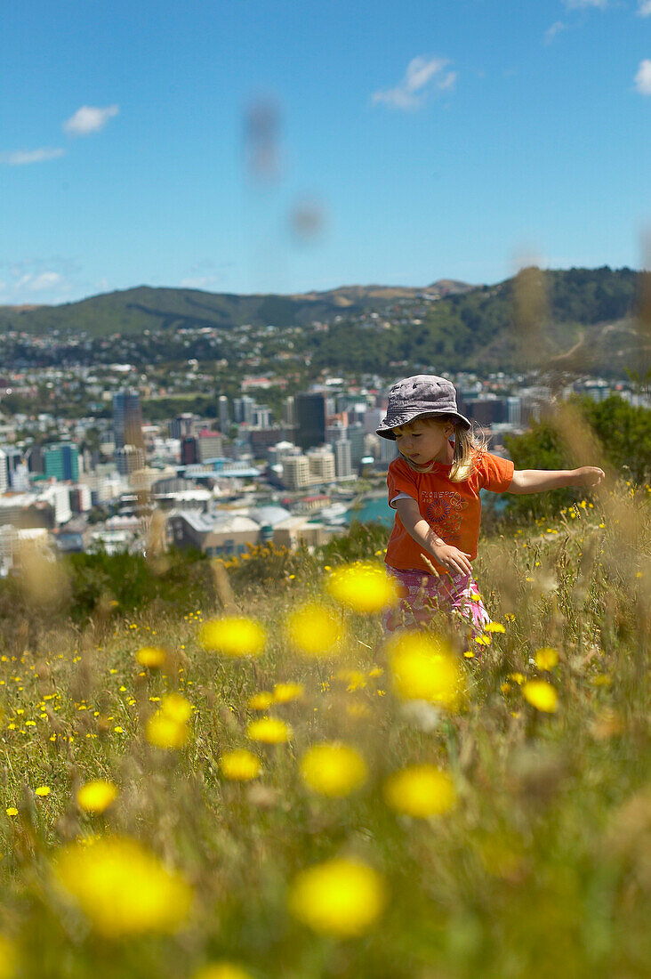 Girls playing on Mt. Victoria, flowers, meadow.  Overlooking citycentre of Wellington, North Island, New Zealand