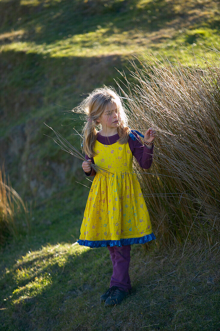 Girl on farmland, near Puponga, Golden Bay, northern coast of South Island, New Zealand