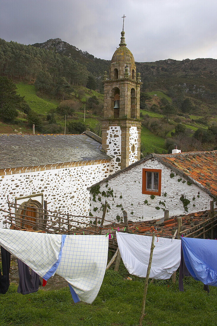 Landscape with church in the village of San Andrés de Teixido, pilgrimage church, Rías Altas, Galicia, Spain