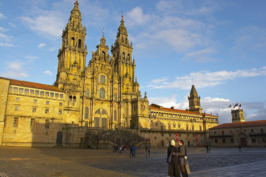 The evening sun on the westside of the cathedral, Catedral de Santiago de Compostela, Praza do Obradoiro, Santiago de Compostela, Galicia, Spain