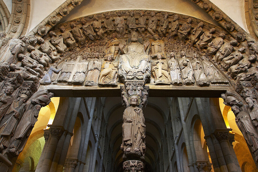 Sculptures by Meister Mateo, El Portico de la Gloria, westside of the Cathedral, Catedral de Santiago de Compostela, Santiago de Compostela, Galicia, Spain
