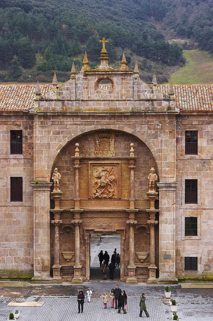Portal showing St. Millan fighting Moors, monastery, Monasterio de Yuso, San Millan de la Cogolla, La Rioja, Spain