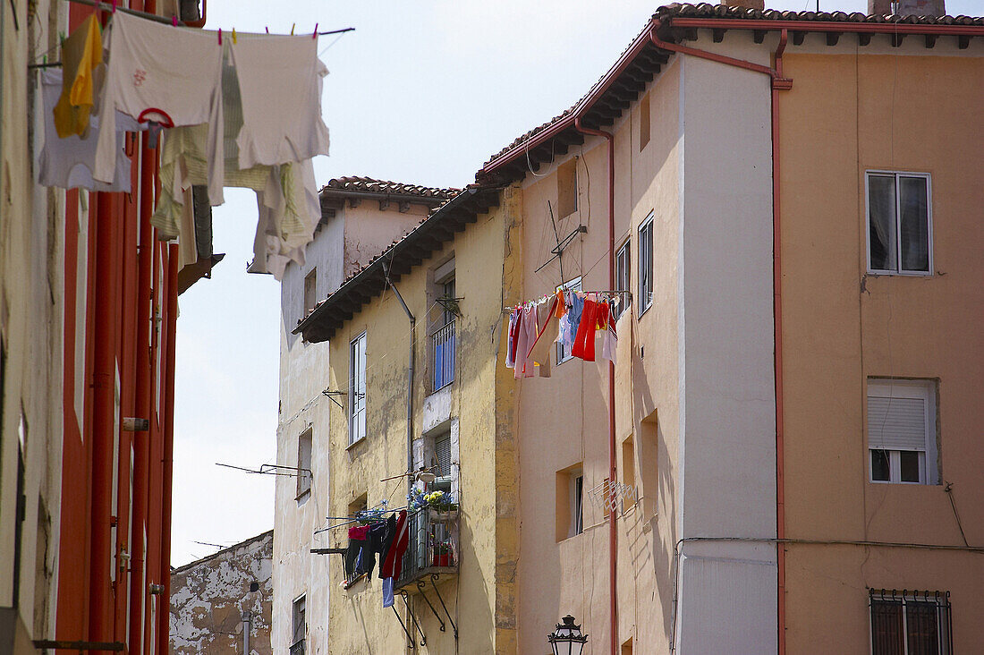 Old part of the town with clothes hung up outside buildings, Burgos, Castilla Leon, Spain