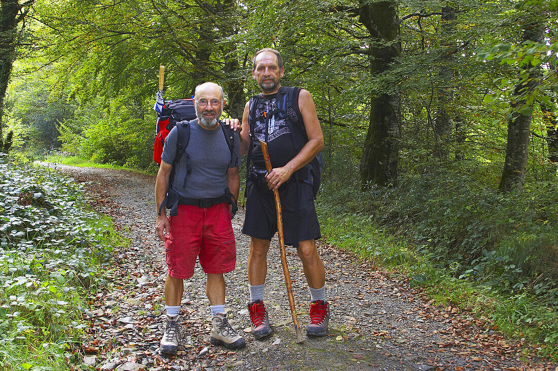 Zwei Männer, Pilger, die beiden Jacques am Jakobsweg im Wald, Kameradschaft, Roncesvalles, Navarra, Pyrenäen, Spanien, Europa