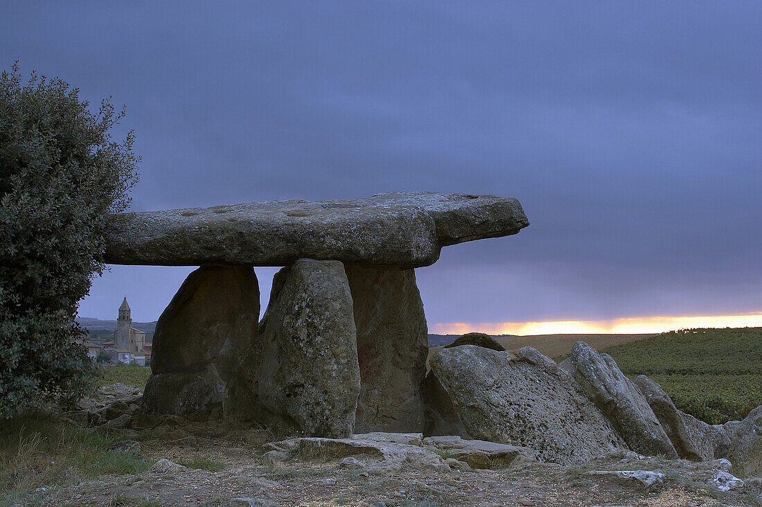 Dolmen, megalithic tomb in the early morning, dawn, near La Hechicera, La Rioja, Spain