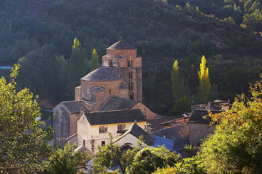 Early summer morning at a former Benedictine monastery with church, Santa María, Santa Cruz de la Serós, Huesca, Aragon, Spain