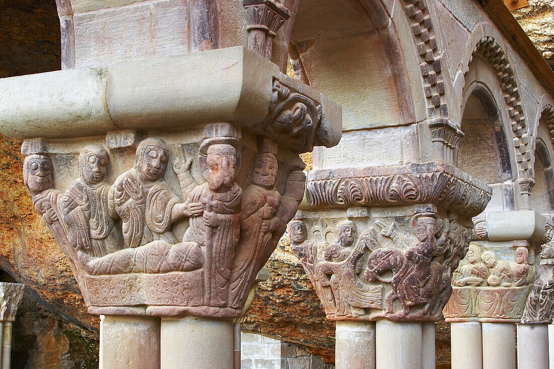 Wall set in rock, former monastery, cloister from the 9th century, San Juan de la Pena, Huesca, Aragon, Spain