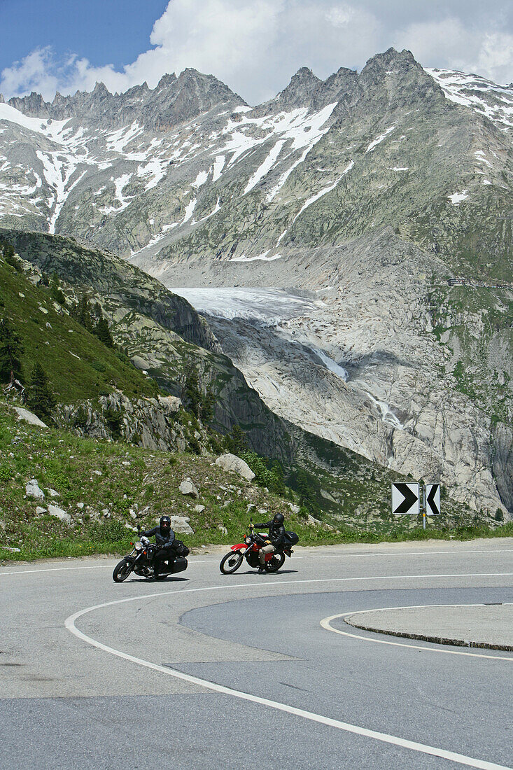 Motorbike tour in June across the Alps, Grimsel Pass, Lake Grimsel with ice floes, family touring with sidecar, girl, MR, Canton Berne, Switzerland, Europe