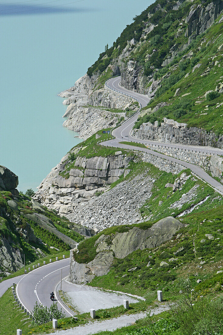 Motorbike on Grimsel Pass, Lake Grimsel, Bernese Oberland, Canton of Bern, Switzerland