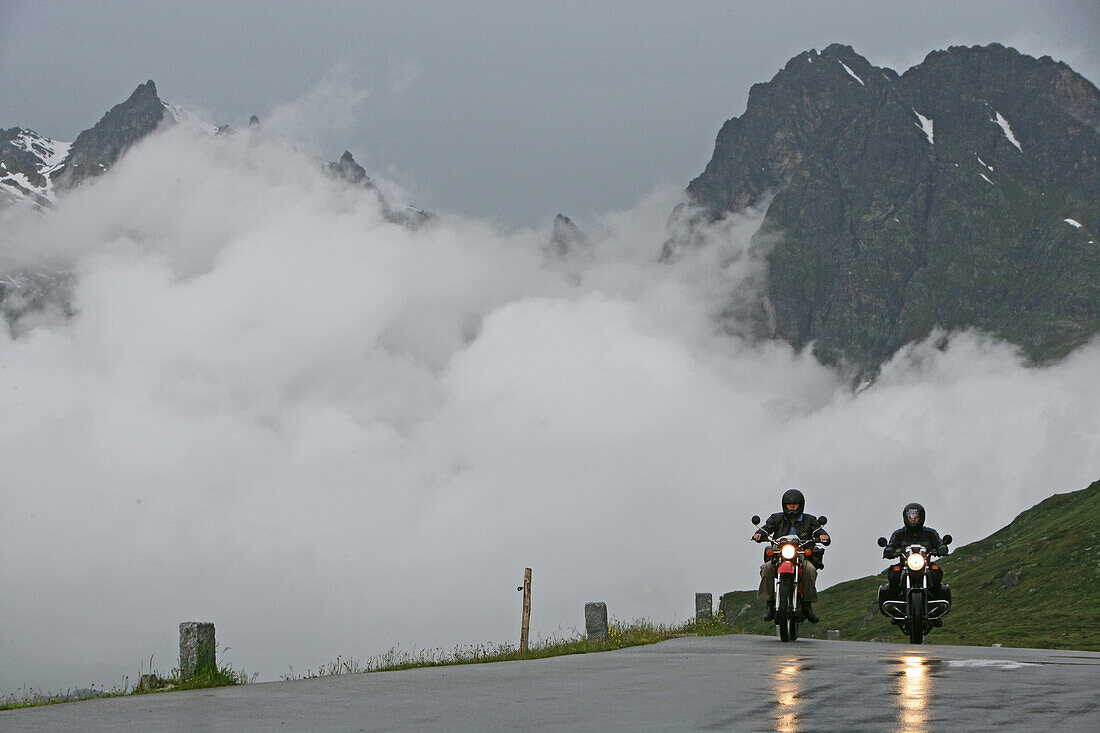 Motorbike tour in June across alpine passes, Silvretta Pass in Austria, Austria, Europe