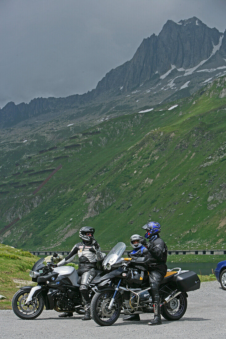 Motorbike tour in June across the Alps, front wheel, action, movement, Grimsel Pass, Canton Berne, Switzerland, Europe