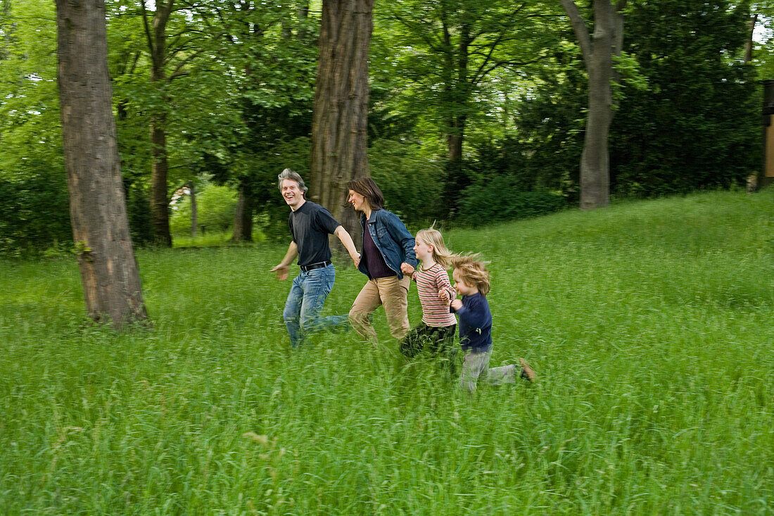 Familie läuft Hand in Hand über Wiese, MR