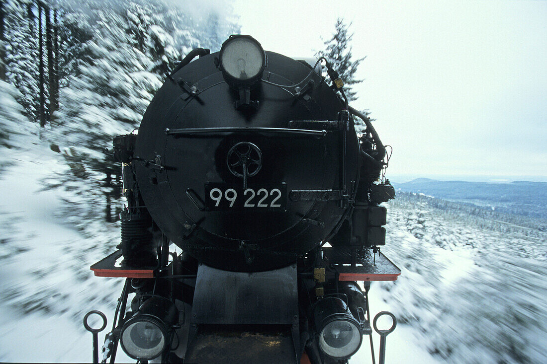 Brocken train in winter snow, Harz mountains, Germany
