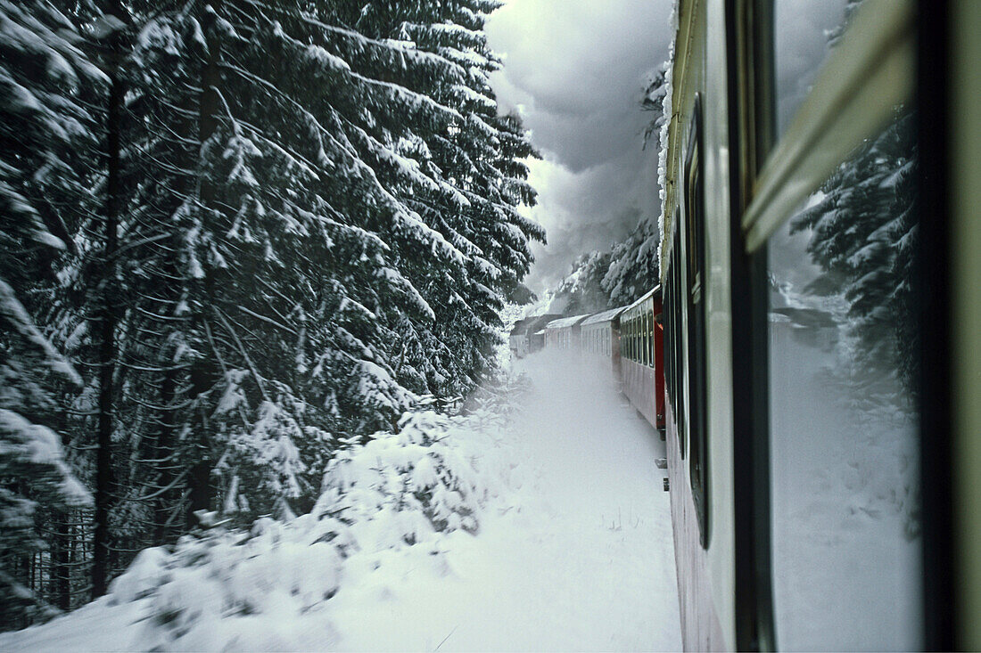 Brocken train in winter snow, Harz mountains, Germany