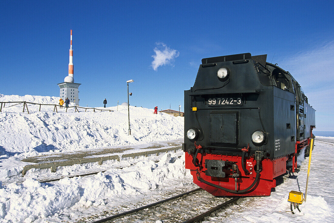 Brockenbahn in snow on Brocken summit, Schierke, Harz Mountains, Saxony-Anhalt, Germany