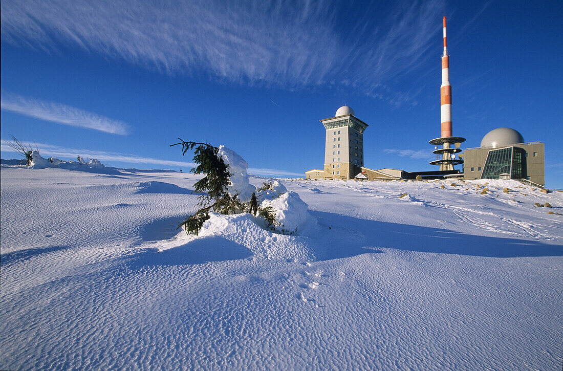 Brocken mountain, summit, Harz Mountains, Lower Saxony, northern Germany, steam engine, winter, Brockenbahn