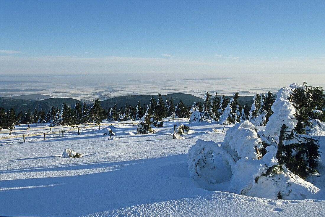 Brocken mountain, summit, Harz Mountains, Lower Saxony, northern Germany, steam engine, winter, Brockenbahn