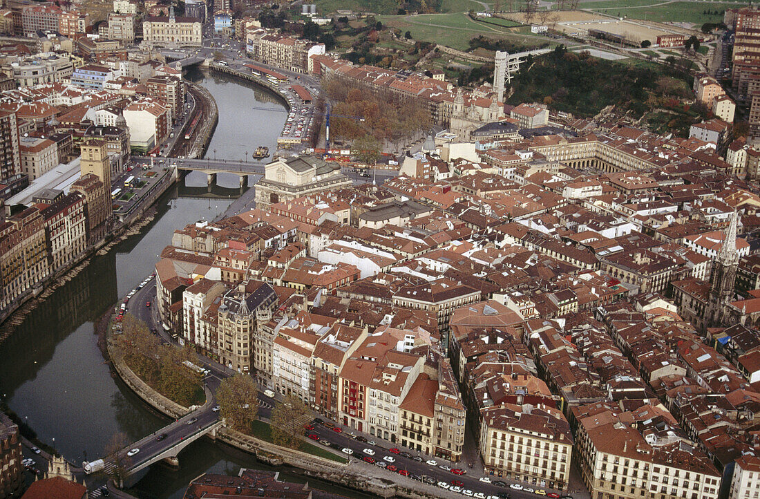 Old town and Nervión River, Bilbao, Basque Country, Spain