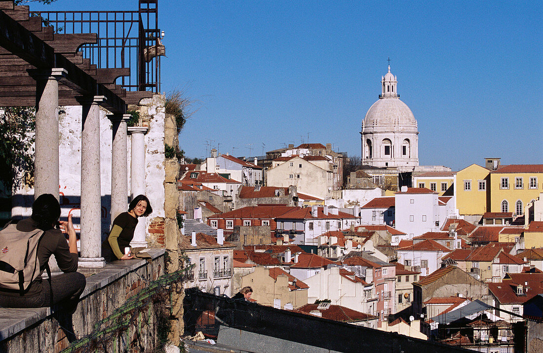 View on Alfama quarter with National Pantheon of Santa Engracia in background from Santa Luzia viewpoint. Lisbon. Portugal