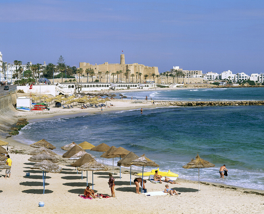 Beach with the Ribat (monastery-fortress) in background. Monastir. Tunisia