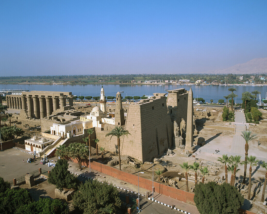 Elevated view of the temple and Nile River. Luxor. Egypt