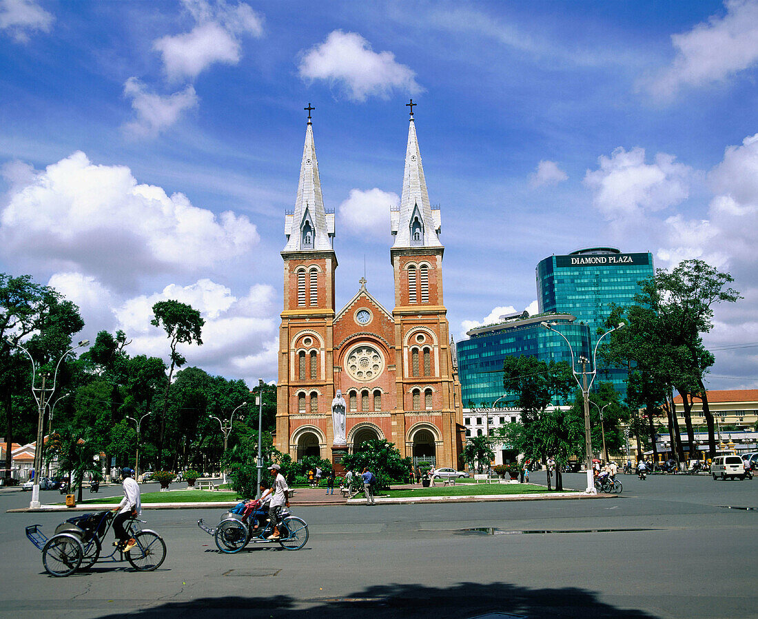 Streets and Notre Dame Cathedral in Ho Chi Minh City. Vietnam