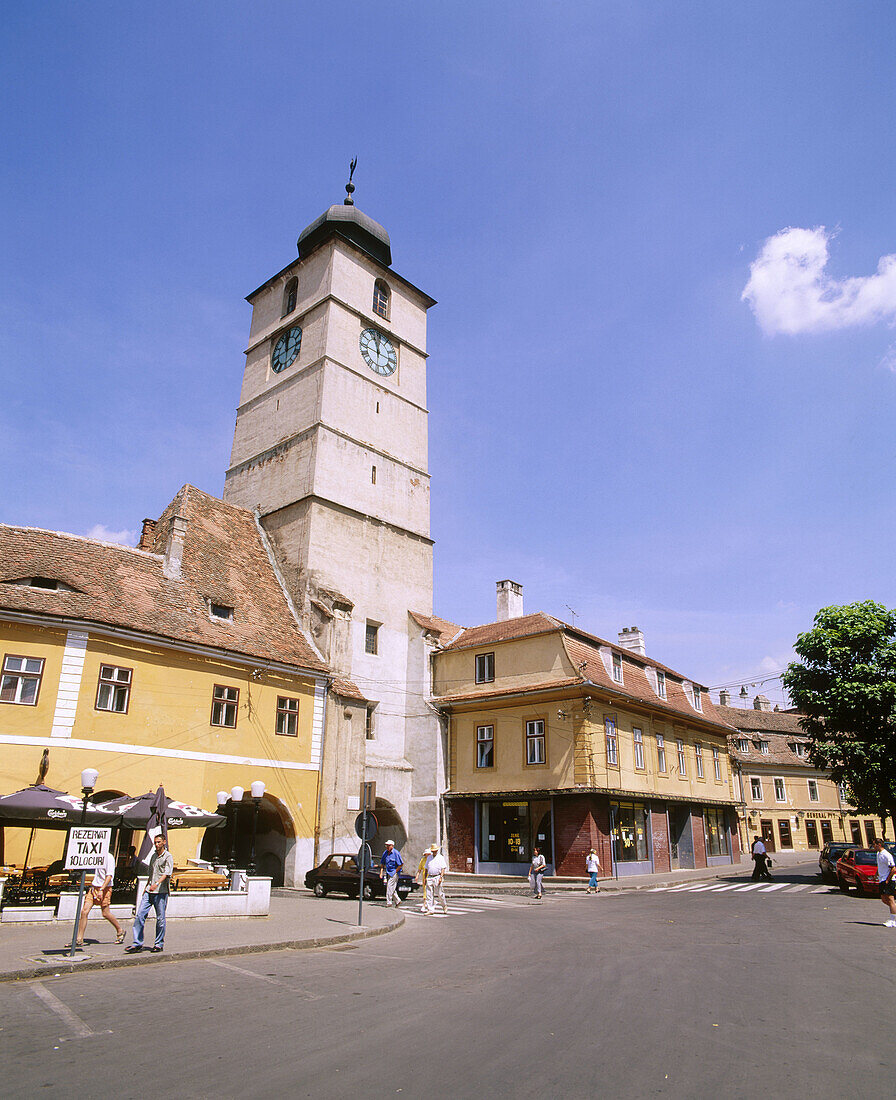 View of Piata Mare Square and Town Hall Tower. Sibiu. Transylvania. Romania