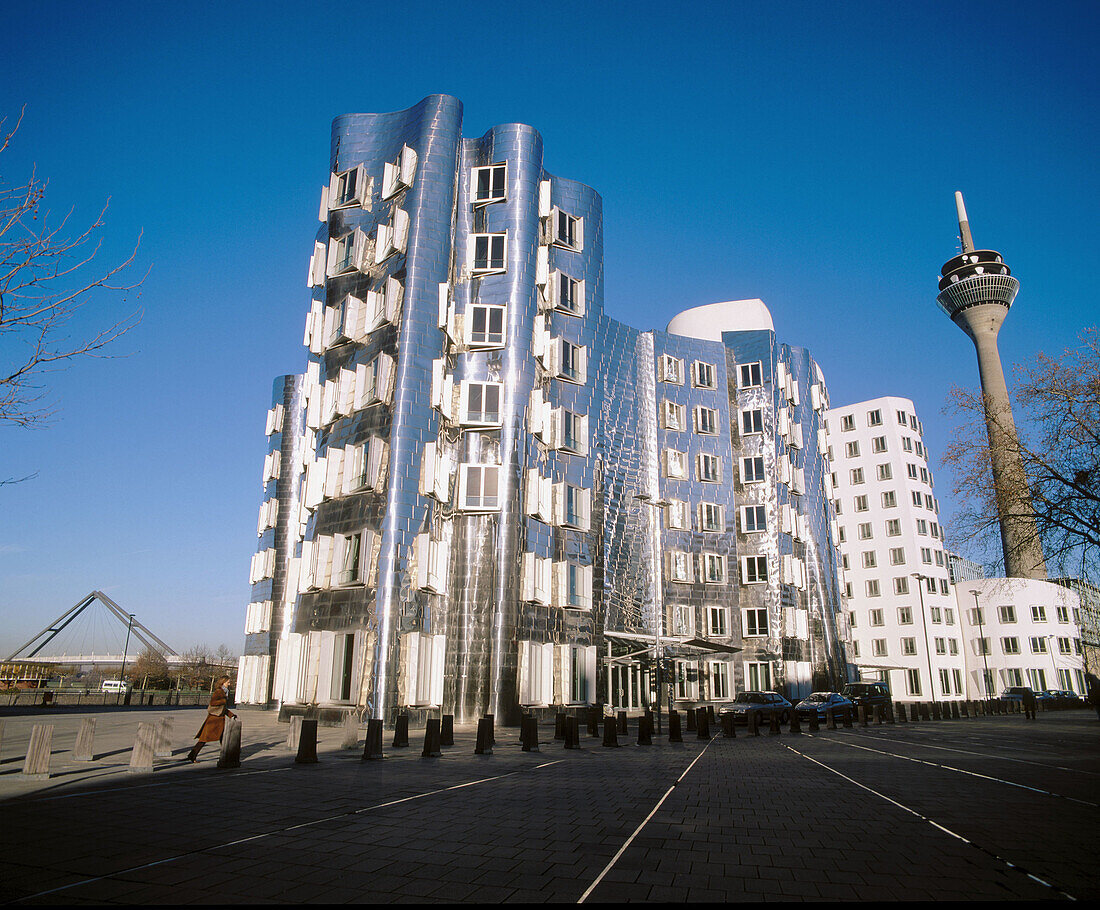Radio & TV tower and Neuer Zollhof building at Unterbilk district. Düsseldorf. Germany