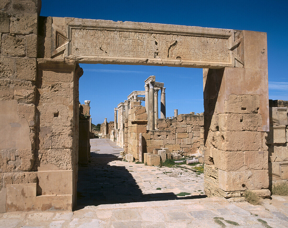 Entrance to the theatre, Roman ruins of Leptis Magna. Libya