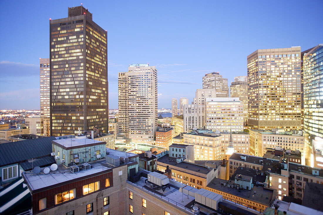 Skyscrapers of Boston financial district in the evening, Boston, Massachusetts, United States, USA