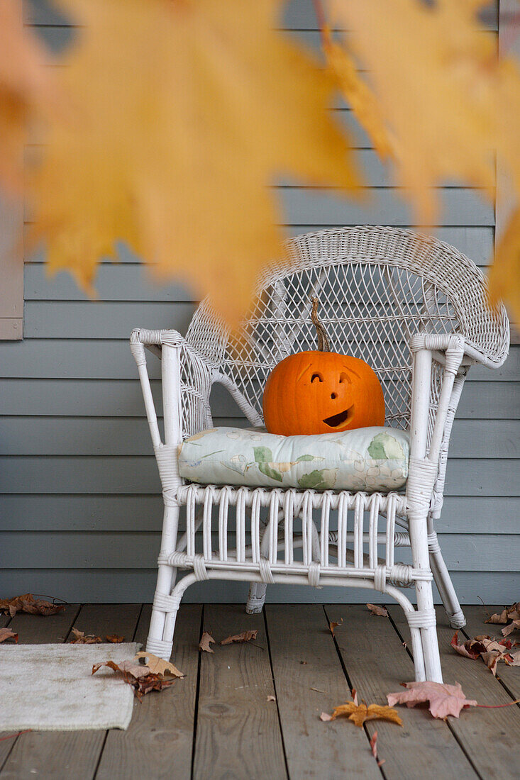 Halloween decoration on a porch in New England, ,USA
