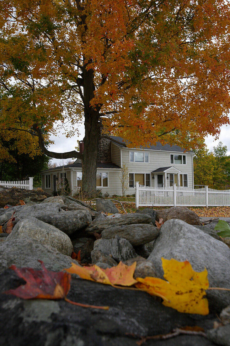 Strassenszene in New Preston in Herbst, New Preston, Connecticut, Neuengland, Vereinigte Staaten, USA
