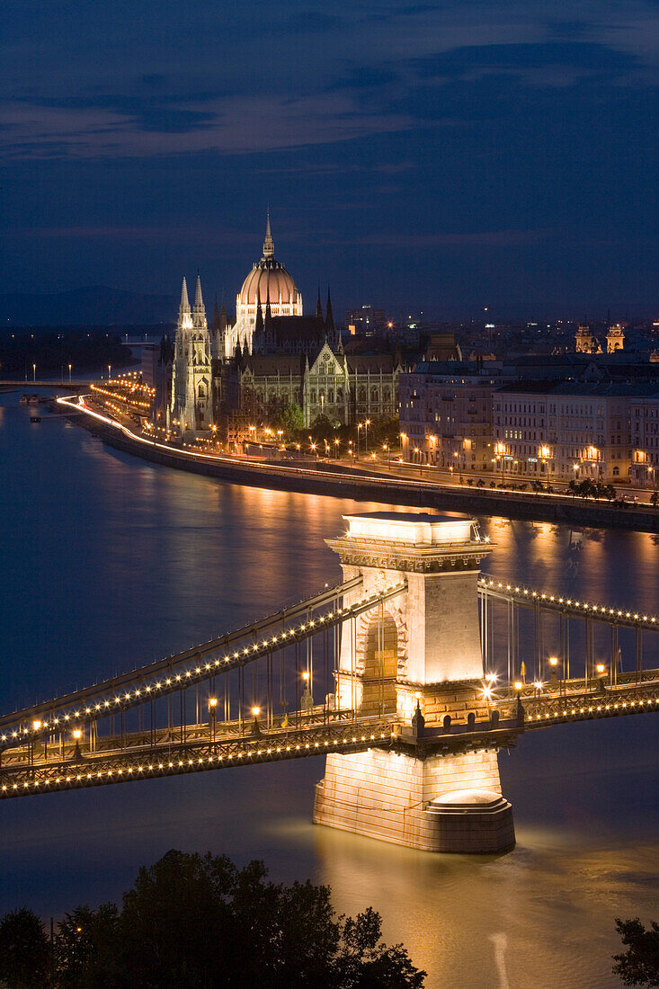 Chain Bridge over Danube River and Parliament Building at Dusk, View from Castle Hill, Buda, Budapest, Hungary