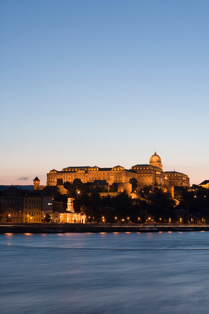 Danube River and Royal Palace on Buda Castle Hill at Dusk, View from Pest, Budapest, Hungary