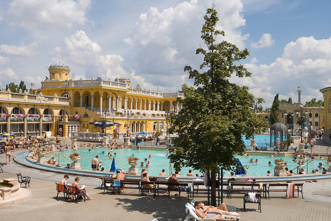 Sunbathers and Pool at Szechenyi Baths, Pest, Budapest, Hungary