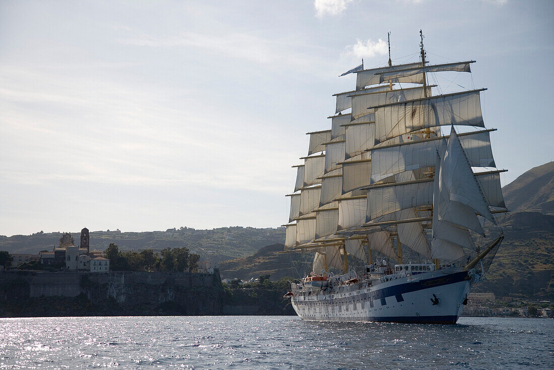 Royal Clipper Under Full Sail, Mediterranean Sea, near Lipari, near Sicily, Italy