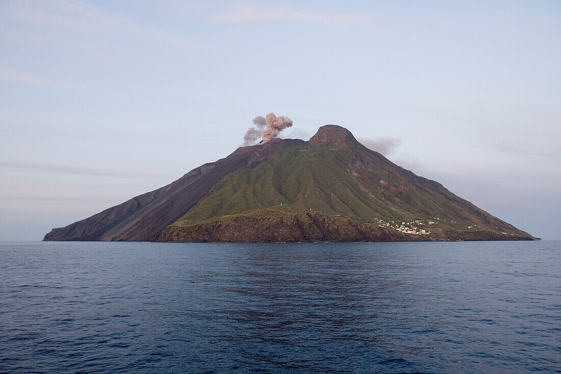 Eruption Smoke from Stromboli Volcanic Island, Mediterranean Sea, near Lipari, Aeolian Islands, near Sicily, Italy