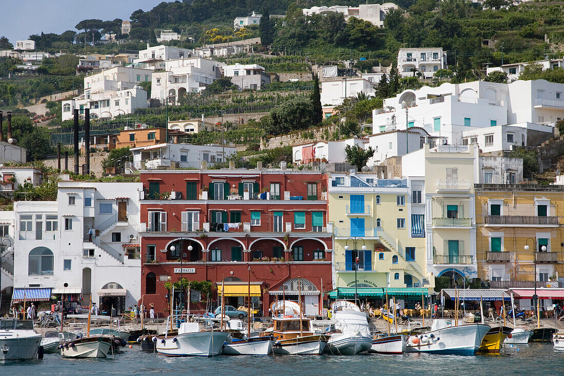 Bunte Häuser und Boote an der Marina Grande auf der Insel Capri, Kampanien, Italien, Europa