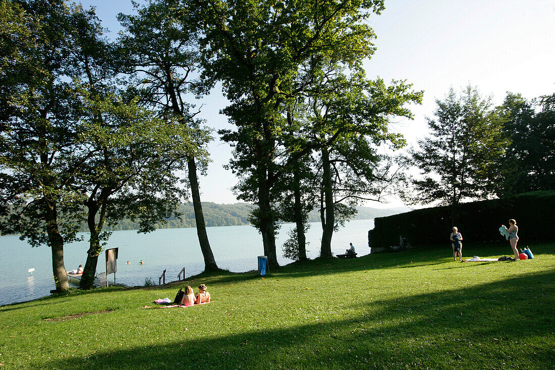 People sunbathing, Hechendorf, Pilsensee, Bavaria, Germany