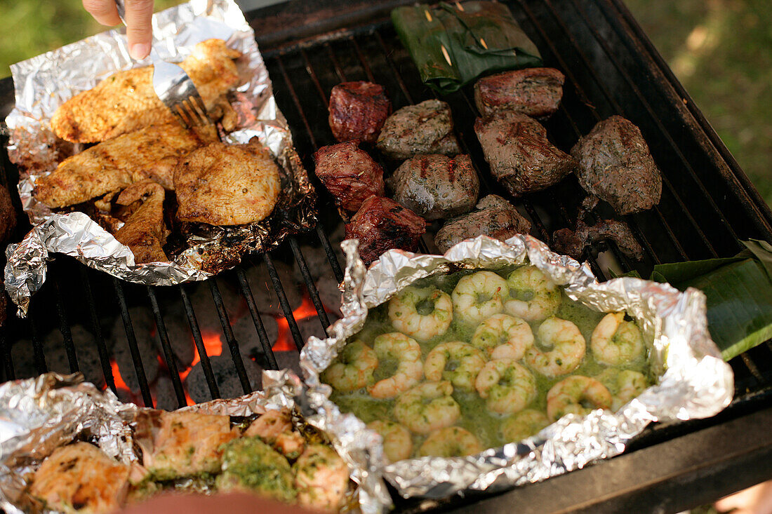 Nahaufnahme von Meeresfrüchte und Fleisch auf dem Grill, Wörthsee, Oberbayern, Bayern, Deutschland